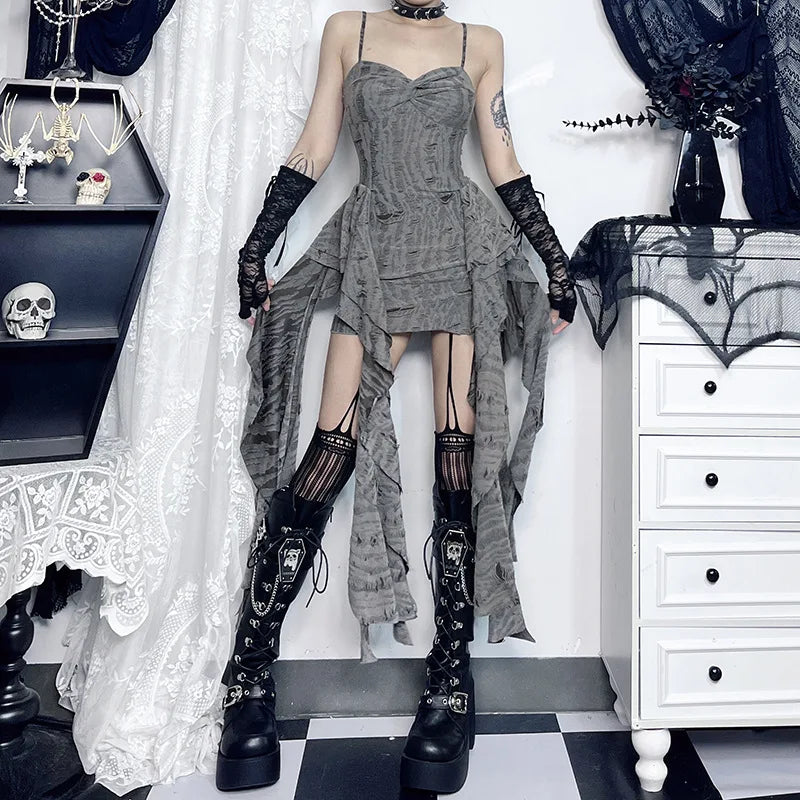 Grunge 'Believe in Magic' Torn Grey Mini Dress with Tassel Rope Detail