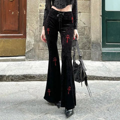 Gothic 'Velvet Requiem' Black Velvet Pants with Red Ankh Crosses