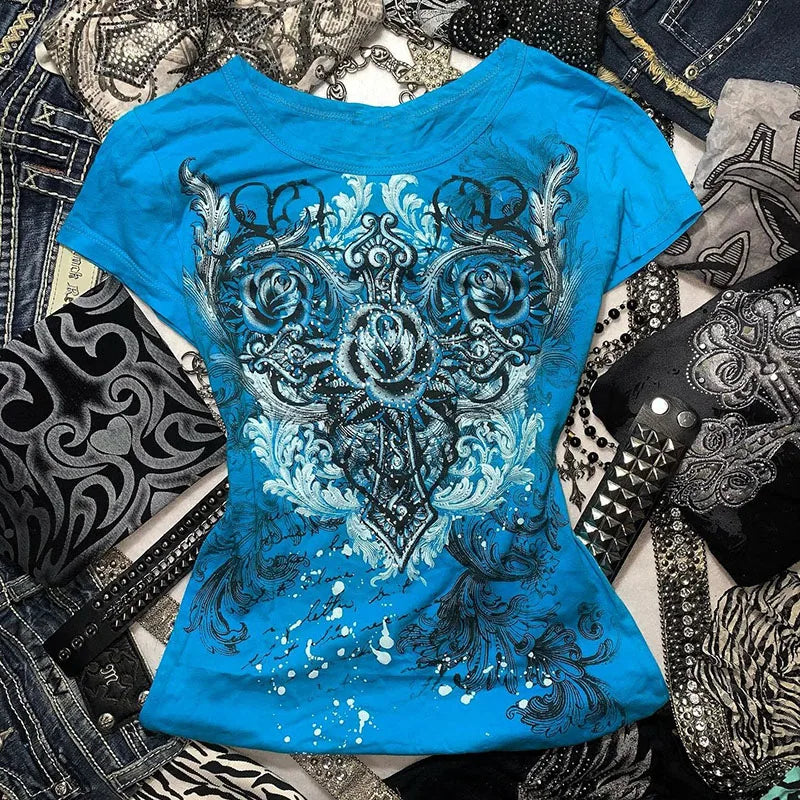Blue Rhinestone Print Heart Rose T-Shirt