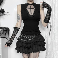 'Chamber Noir' Dark Goth Black Lace Cross Crop Top