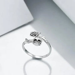 Goth Unique Skull Head Rose Silver Ring