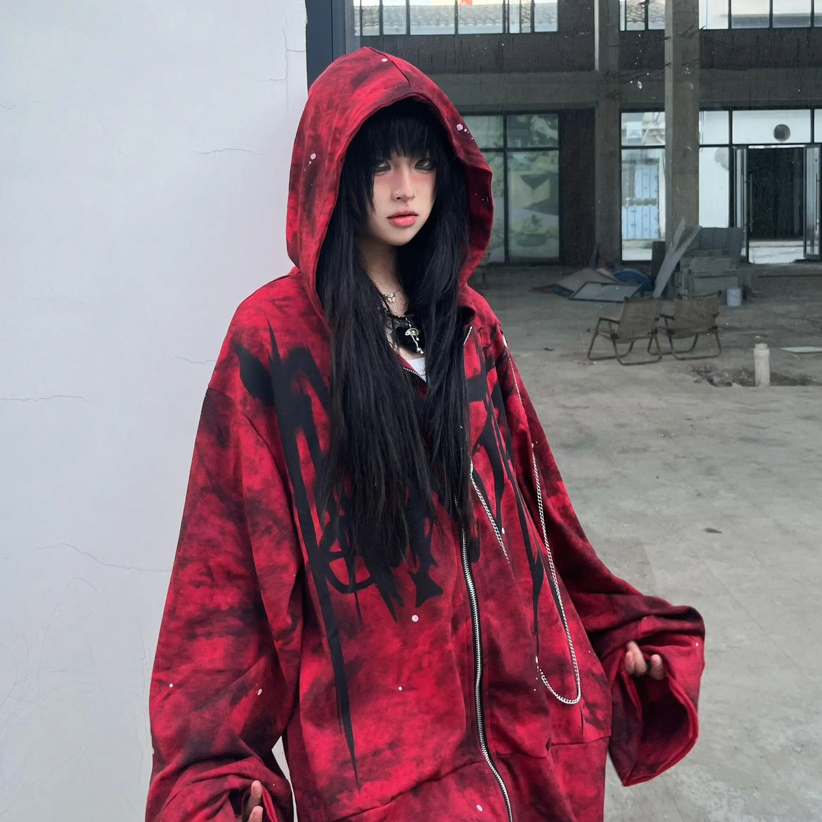 Red Y2k Aesthetic Oversized Grunge Hoodie