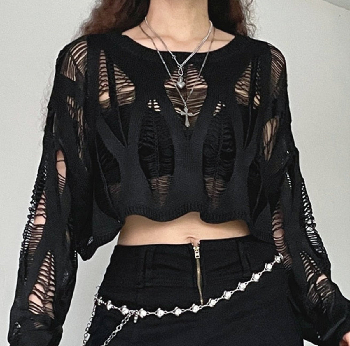 'Hollow' Black Goth Ripped 90's Grunge Long Sleeved Top