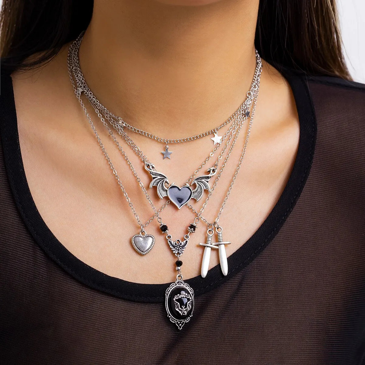 5Pcs/Set Goth Demon Wings Necklace Choker