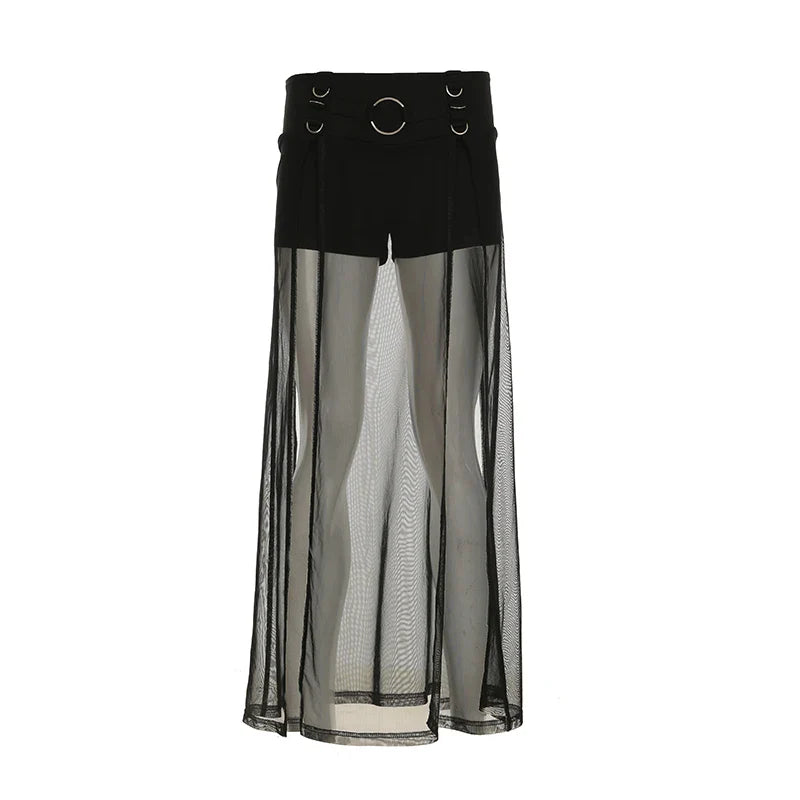 Black Dark Solid Shorts With Split Maxi Skirt