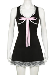Black Bow Lace Trim A-Line Dress