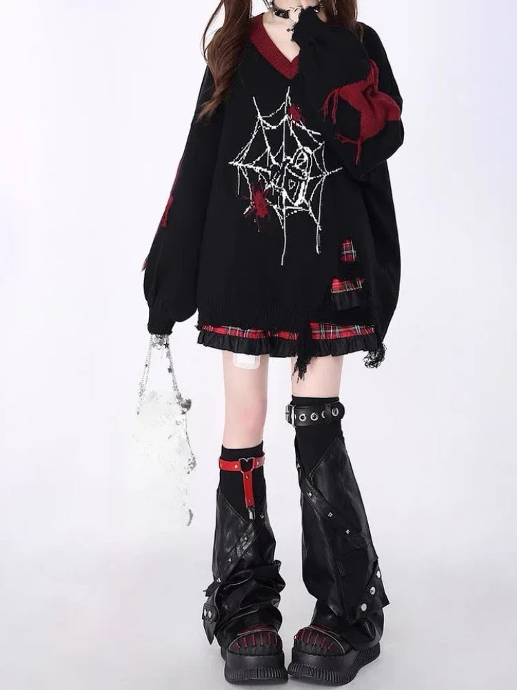 Black/ Red Oversized Grunge Spider Sweater