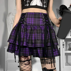 Dark Purple Gothic High Waist  Plaid Mini Skater Skirt