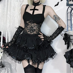 'Doom' Goth Kawaii Cross Lace Patchwork Top