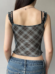 Grunge Patchwork Plaid Mesh Crop Top