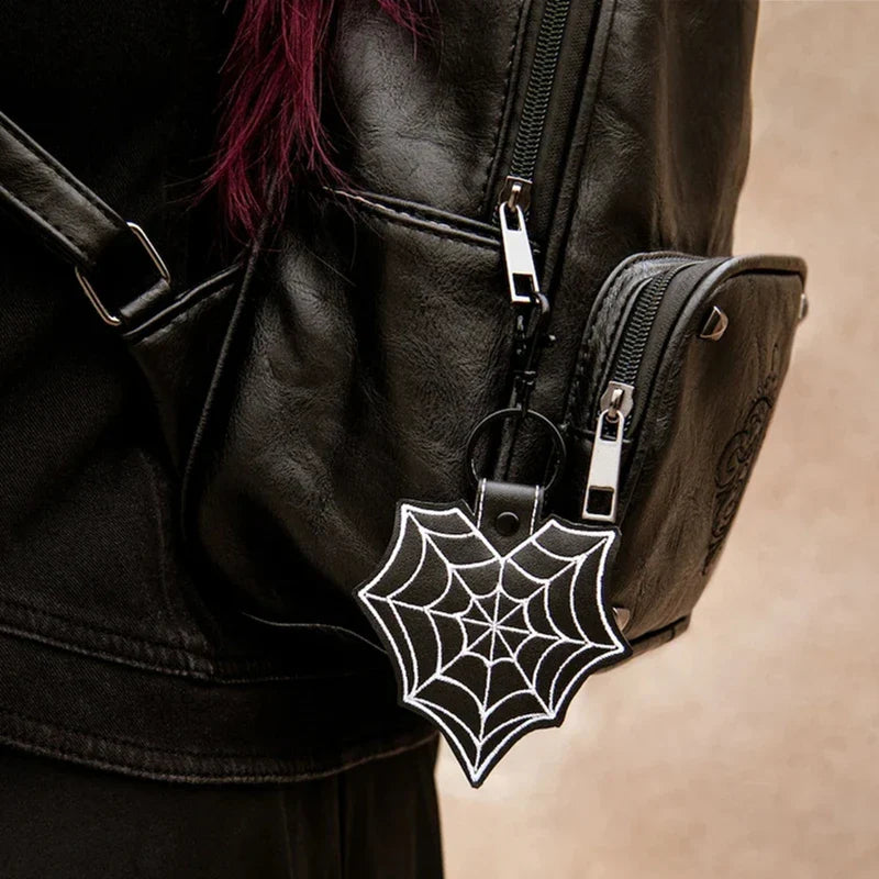 Spider Web Heart Embroidered Faux Leather Keychain