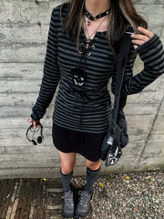 Black Gothic Retro Skull Lace Up Striped Top