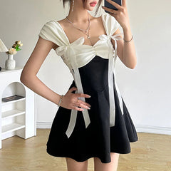 Black and White Y2K Patchwork A-line Dress