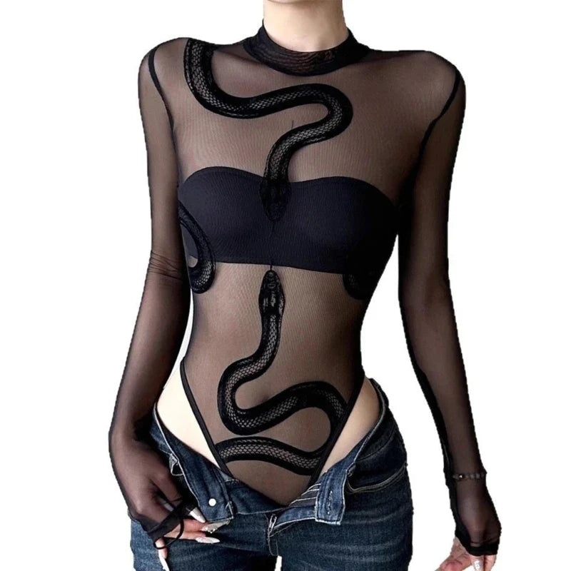 'Death Trap' Black Mesh Long Sleeve Snake Bodysuit