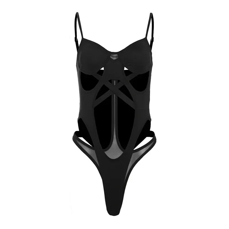Goth Black Bandage Hollow Out Cyber Y2k Bodysuit