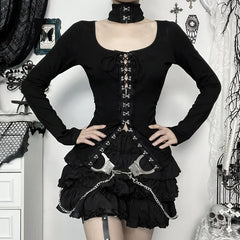 Goth 'Moonlit Spell' Black Hook & Eye Long Sleeved Top