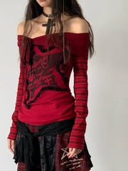 Grunge Goth Red off the shoulder Top