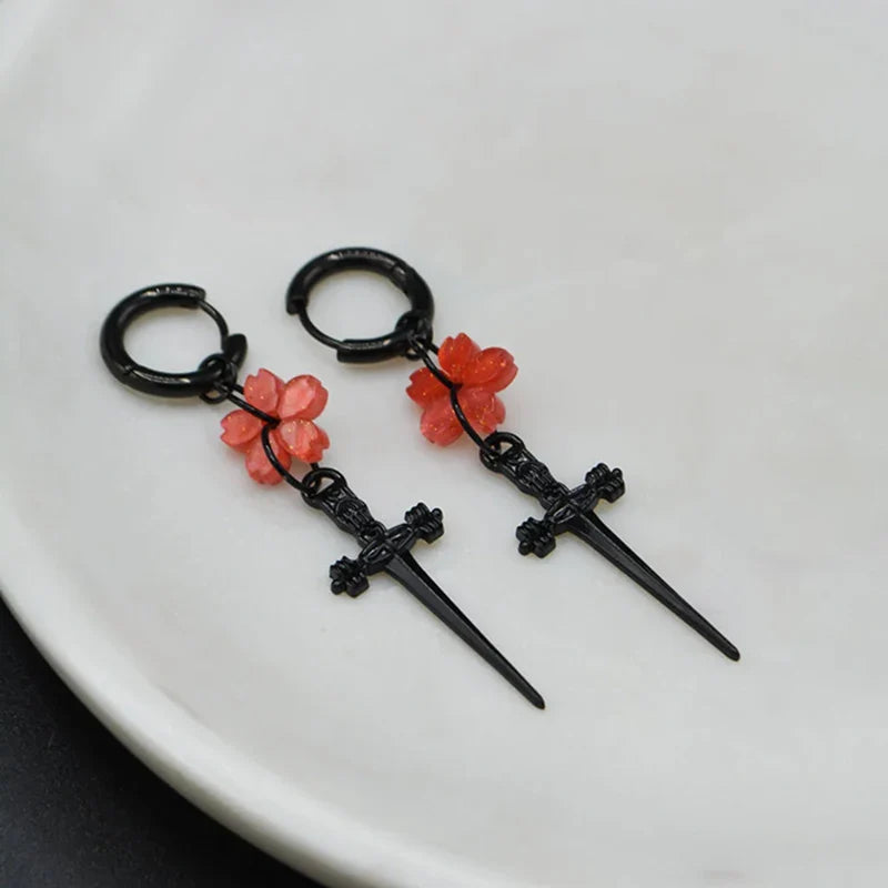 Black Goth Flower Sword Earrings