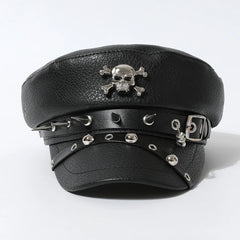 Black Skull Fake Leather Rivet Military Hat