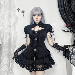 Goth 'Doom' Black Lace Ruffle Button Short Sleeve Top