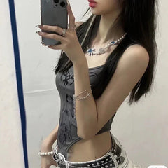 Grunge Dark Grey Aesthetic Graphic Print Sleeveless Bodysuit