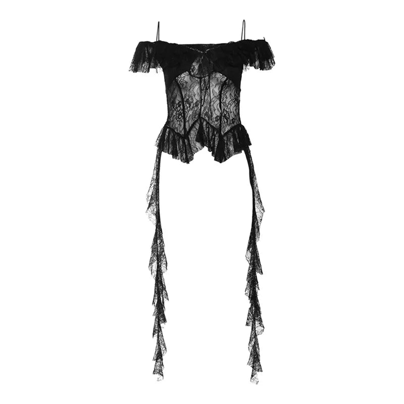 Gothic 'Requiem' Black Lace Flowy Detail Top in Black or White