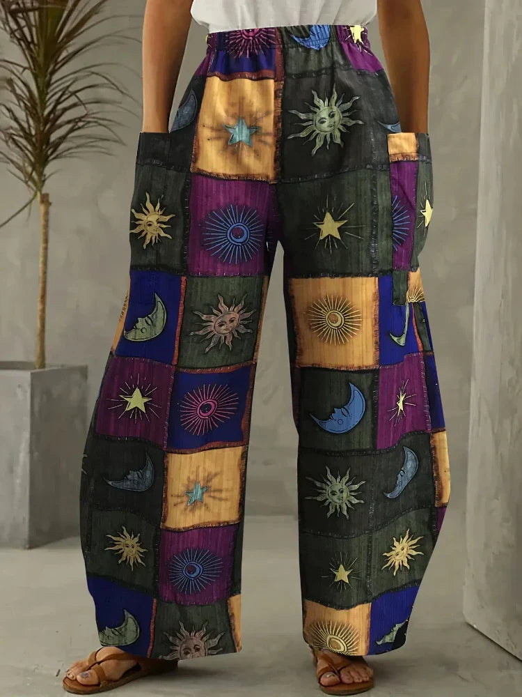 Grunge Hippie Sun and Moon Over Sized Casual Pants