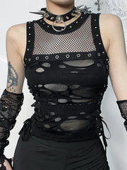 Black Gothic Mesh Vest Lace Up Top