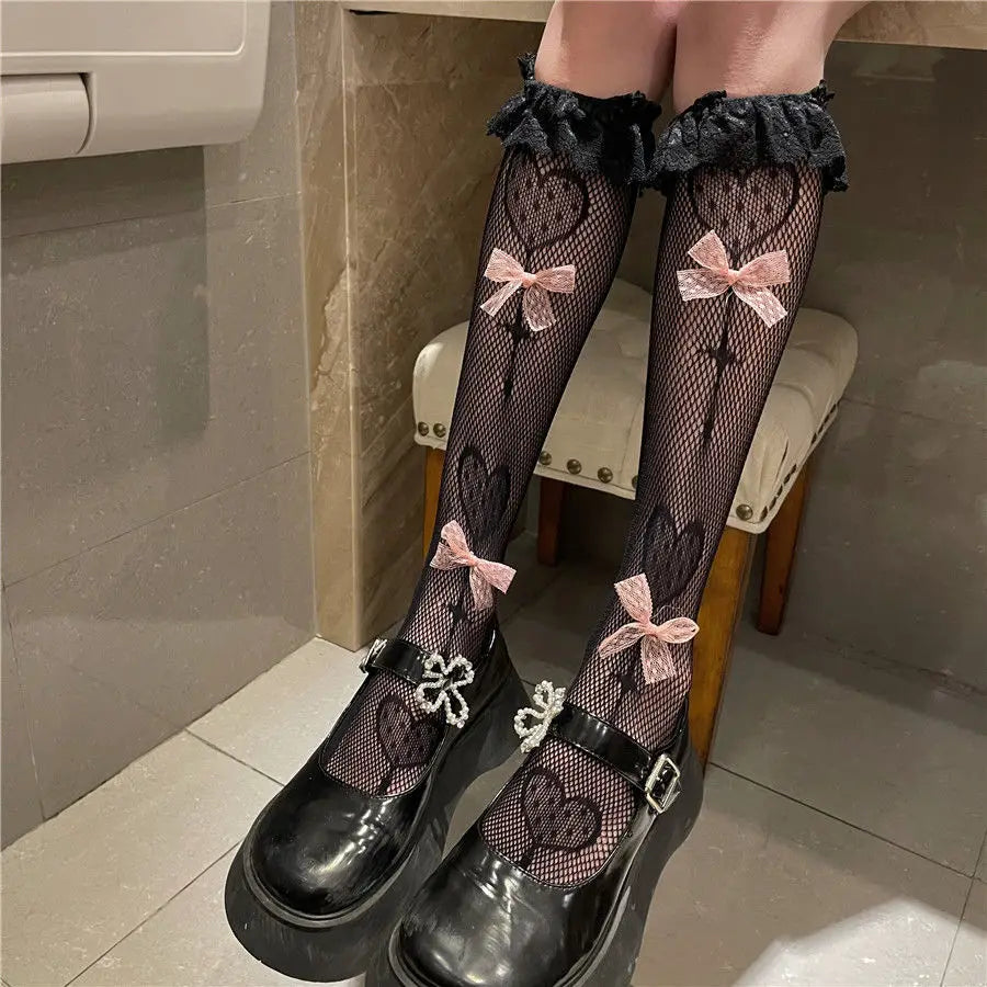 Black Lolita Kawaii Love Bow Lace Socks