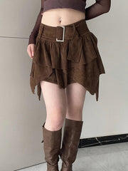 'Harvest Haze' Brown Velvet / Faux Suede A-Line Mini Belt Detail Skirt
