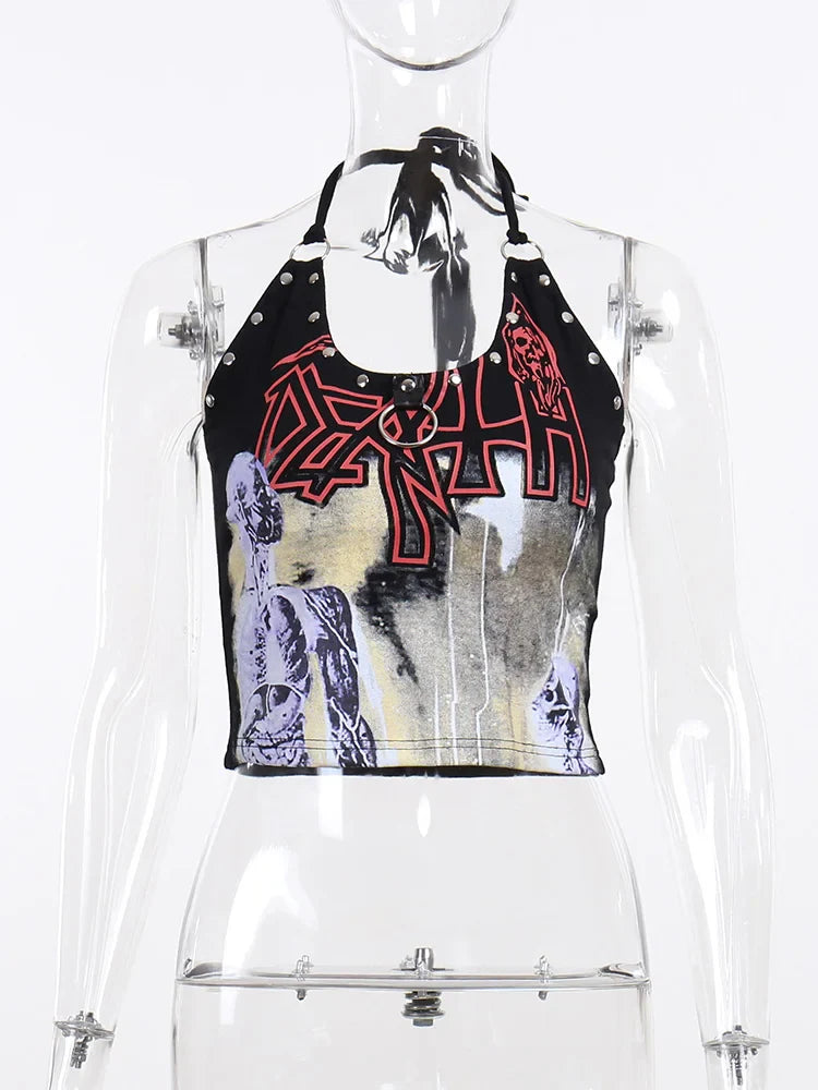 Goth Cross Print Lace Bodycon Crop Top