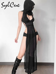 Black Goth Grunge Hooded Dress
