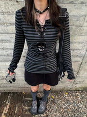 Black Gothic Retro Skull Lace Up Striped Top