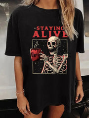 'Staying Alive' Black Skull T-Shirt