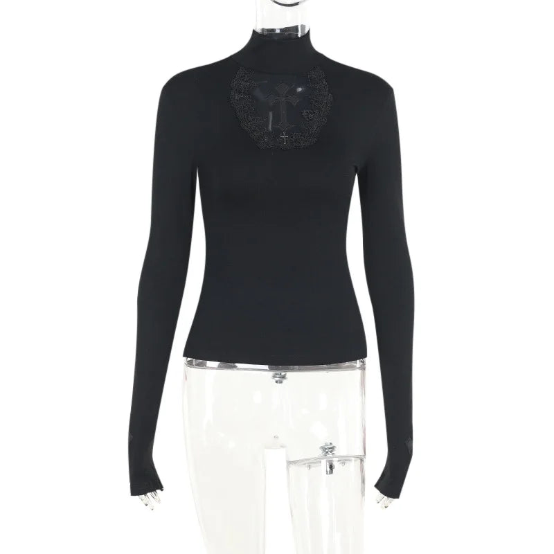 Black Goth Hollow Cross Turtleneck Top