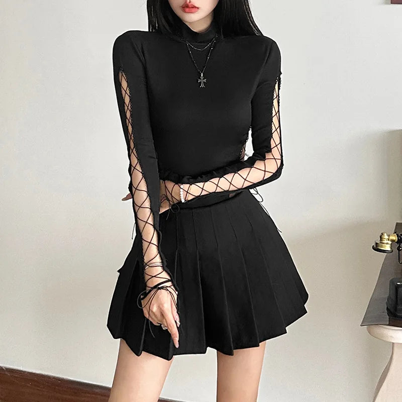 Black Goth Dark Half High Collar Skinny Bodysuit