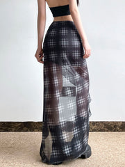 Grunge 'Sinister Smoke' Plaid  Mesh See Through  Split Skirt