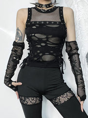 Black Gothic Mesh Vest Lace Up Top