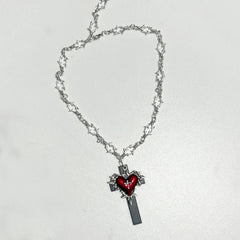 Alt Red Thorn Chain Cross Heart Pendant Necklace