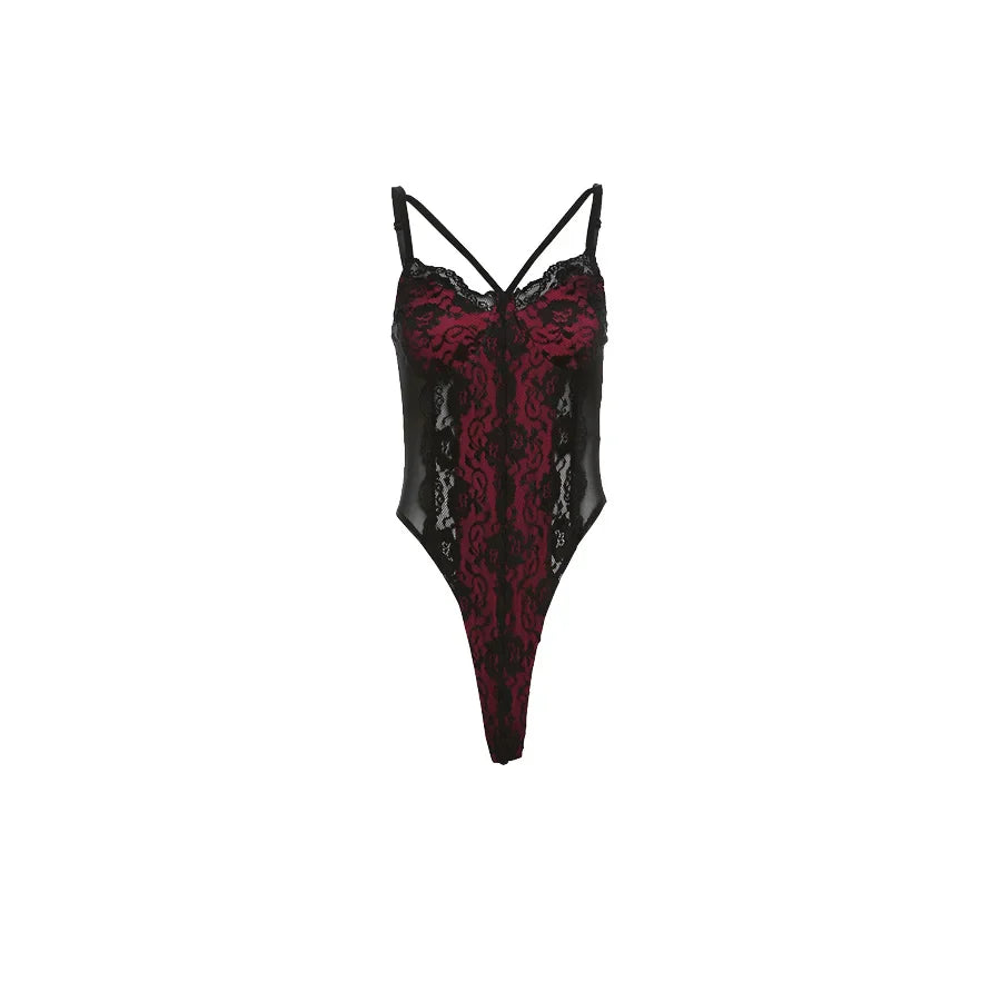 Red and Black Goth Grunge Lace Patchwork Bodysuit