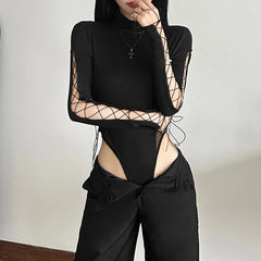 Black Goth Dark Half High Collar Skinny Bodysuit