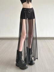Black Dark Solid Shorts With Split Maxi Skirt