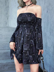 Goth Dark Aesthetic Moon Print Shirring Mini Dresse