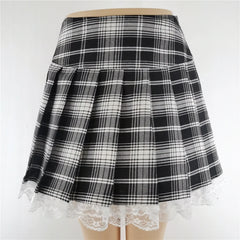 Dark Grunge Goth Lace Plaid Pleated Skirt