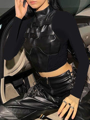 'Highway' Black Gothic PU Fake Leather Patchwork Top