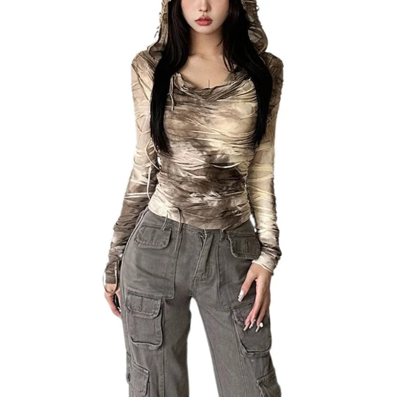 Grunge 'Wasteland'  Y2k Tie Dye Print Ripped Long Sleeve Hooded Top