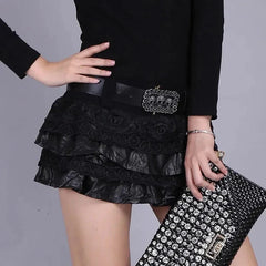 Punk Goth Skull PU Leather Lace Patchwork Mini Skirt with Belt
