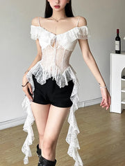 Gothic 'Requiem' Black Lace Flowy Detail Top in Black or White
