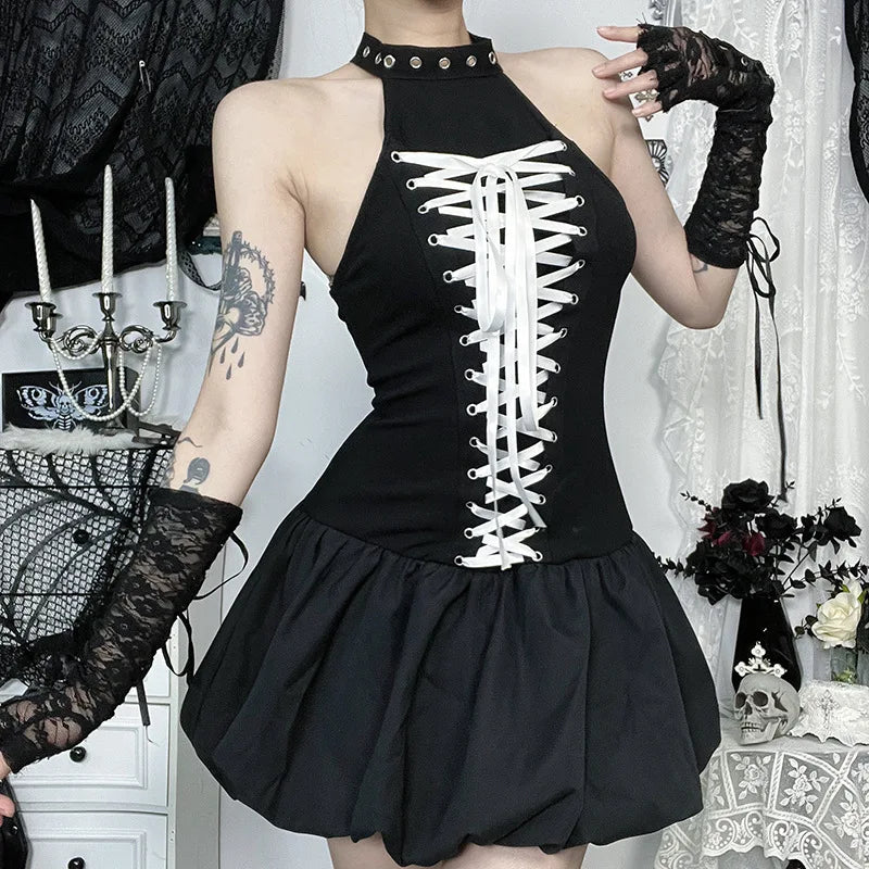 Black Mall Goth Halter Vest Dress