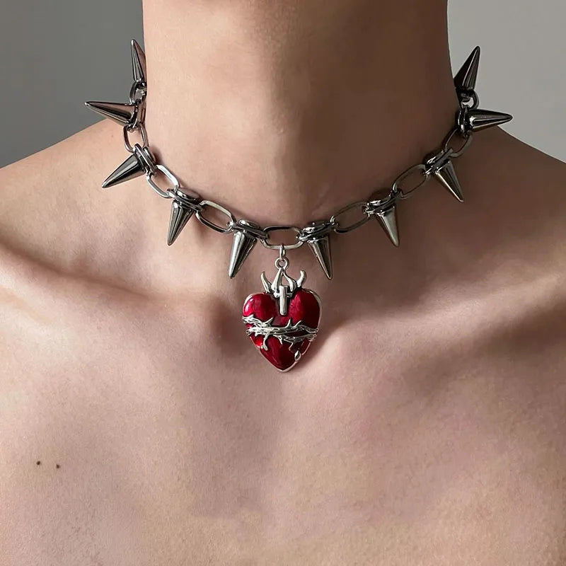 Silver Rivet Gothic Heart Pendant Choker